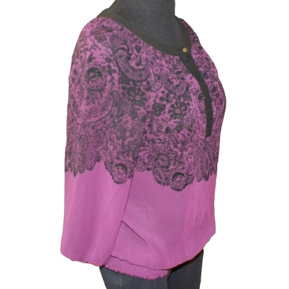 Purple Black Semi Sheer Shirt Women's Medium Blouse Blouson Career - Picture 5 of 8